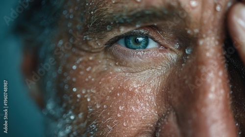 Close-Up of a Man's Eye with Water Droplets on Skin Surface