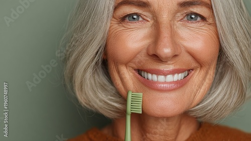Happy Mature Woman with a Toothbrush Smiling at the Camera