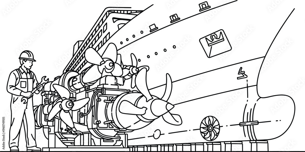 Fototapeta premium Worker repairing ship engine propeller with wrench on dock