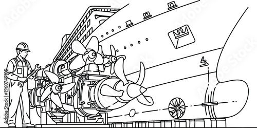 Worker repairing ship engine propeller with wrench on dock