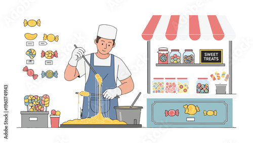 Crafting Delights: A skilled artisan, enveloped in the craft of sweet confections, carefully shapes and molds vibrant candy, embodying the sweet delight of homemade treats. 