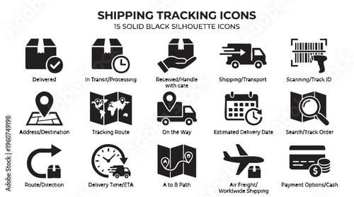 A comprehensive set of fifteen solid black silhouette vector icons illustrating crucial stages of modern shipping tracking and logistics operations