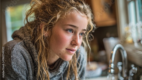 Thoughtful Young Woman with Curly Hair in Cozy Kitchen Setting