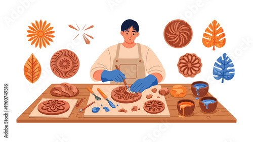 Artisan's Artistic Expression: An artisan is focused at his craft, delicately working on a clay creation, surrounded by his tools of the trade and the fruits of his labor.