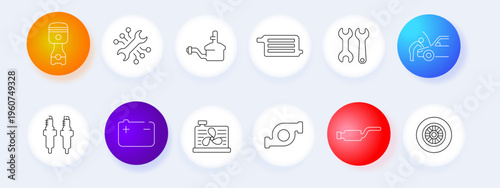 Car repair set icon. Piston, engine, wrench, battery, sparkplug, muffler, turbine, maintenance, service, garage, automotive, mechanic, transport, equipment, fix, system.