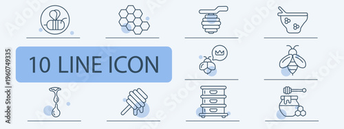 Apiary beekeeping set icon. Bee comb hive dipper honey jar insect crown nectar dripping storage production natural farming.