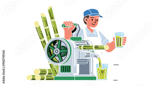 Sugarcane Juice Extractor: An illustration captures the essence of fresh sugarcane juice, featuring a craftsman extracting the refreshing beverage.