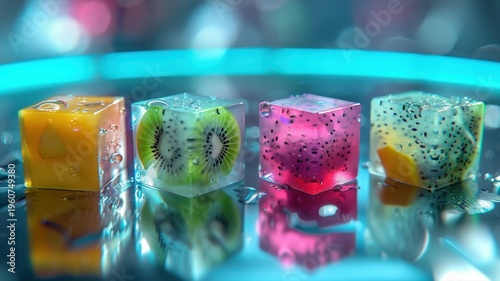 Colorful Fruit Ice Cubes on Reflective Surface with Dramatic Lighting