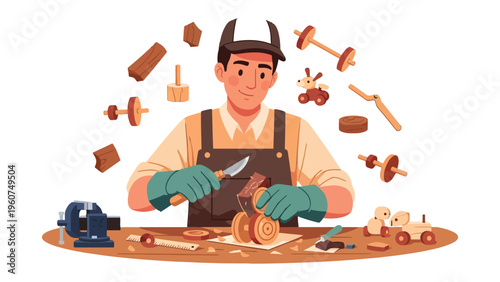 Crafting Time: A skilled craftsman, engrossed in the art of woodworking, meticulously shapes wooden objects at his workbench, surrounded by the tools of his trade. 