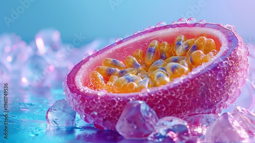Fresh Passion Fruit Half with Bubbles and Ice on Bright Background