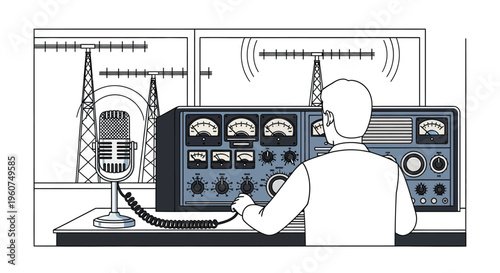 Man operating radio broadcasting equipment with microphone and control panel
