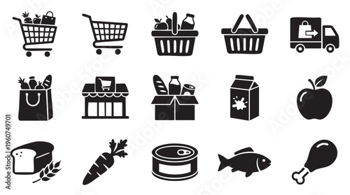 Collection of black and white vector icons depicting various grocery shopping elements including carts baskets packaging and fresh produce items