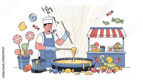 The Art of Confection: A craftsman is creating candy, swirling the liquid with focused attention, showcasing a display of sweetness and the joy of traditional treats.