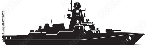 Military warship, naval vessel, black silhouette, vector illustration, modern destroyer