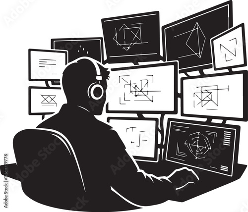 Black silhouette of man with headphones, multiple screens, computer graphics, coding, developer