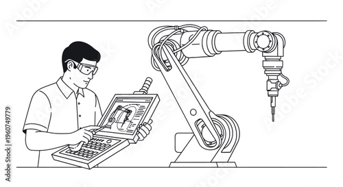 man operating robotic arm with control panel and laptop