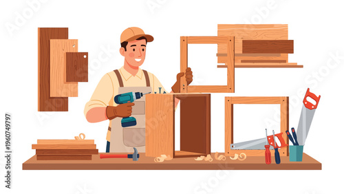 Craftsman at Work: A skilled carpenter meticulously assembling wooden frames with precision and passion, showcasing the art of woodworking.