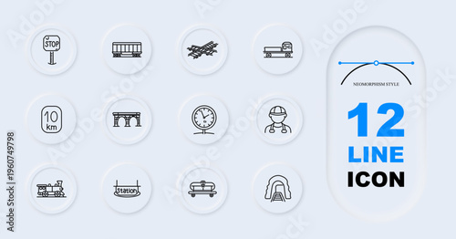Railway transport set icon. Line style icons display stop sign, cargo wagon, rail crossing, truck platform, distance marker, bridge, clock timer, worker helmet, steam train, station sign