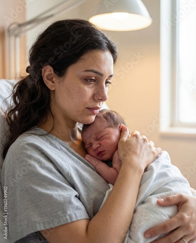 Young Middle Eastern Mother Cradling Newborn Baby in Hospital After Birth — Authentic Postpartum Moment