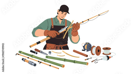 Crafting a Legacy: A skilled artisan meticulously crafts a fishing rod, showcasing the artistry and dedication involved in the creation of a timeless tool. 