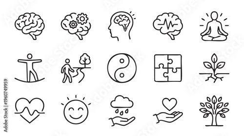 A set of black line icons depicting various mental health and wellness concepts