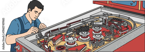 Man working on pinball machine repairing game