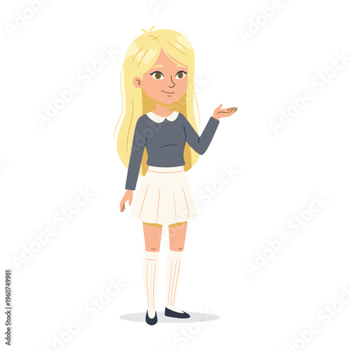 A full-body illustration of a young blonde girl in a school uniform, standing and gesturing with an open hand