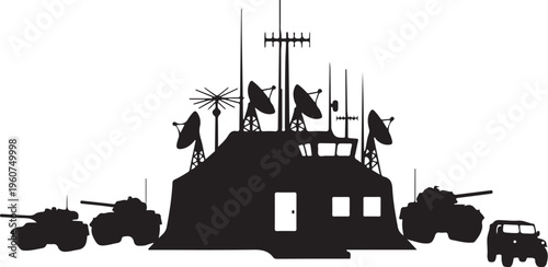 Military vehicles, army tank silhouettes, combat equipment, warfare icons