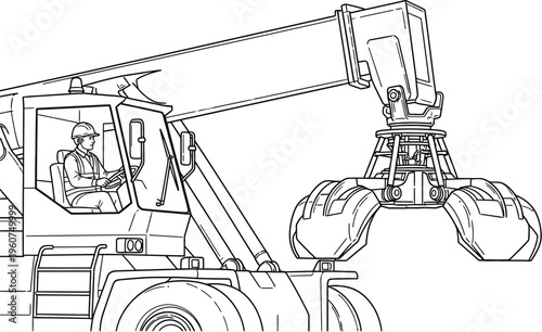 Line drawing of a heavy duty industrial forklift with claw