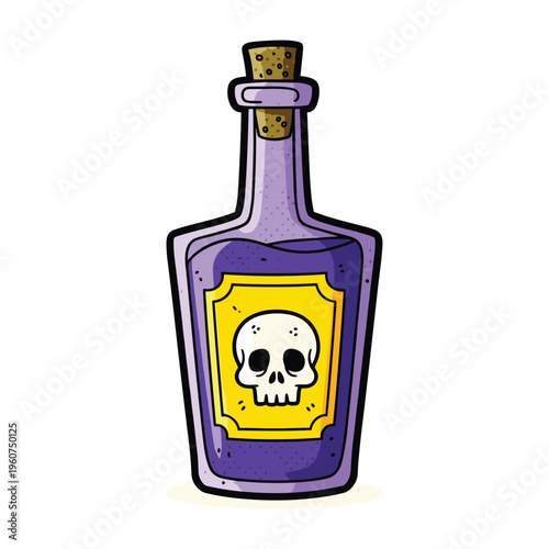 A cartoon illustration of a purple potion bottle with a skull and crossbones label, perfect for halloween