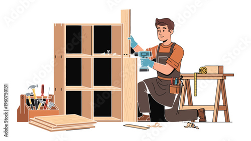 Carpenter's Craft: A skilled carpenter meticulously assembles wooden shelves, demonstrating precision, dedication, and the art of craftsmanship.