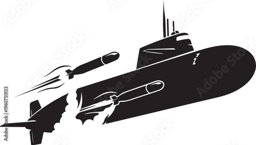 Military submarine, black vector illustration, nautical warfare, ocean vehicle