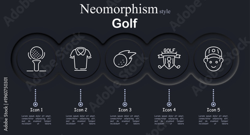 Golf set icon. Neomorphic dark interface circles with line symbols of golf ball tee, sport polo shirt, flying golf ball trail, golf club emblem badge, golfer face cap