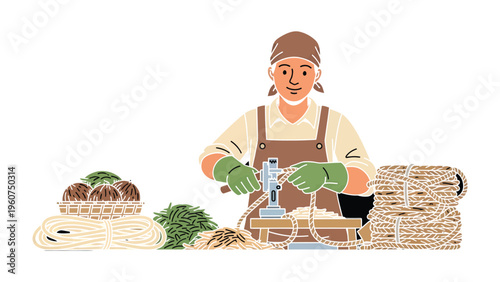 Artisan Crafting Process: An artisan meticulously works on crafting delicate ropes, showcasing skillful hands and dedicated craftsmanship in a rustic setting.