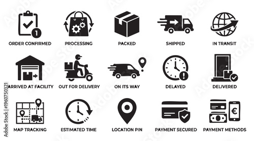 Black icons depicting various stages of the delivery process