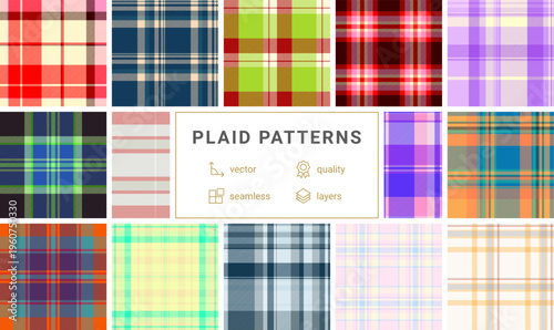 Plaid collection built for advertising layouts. Winter tartan textures enhance promotional visuals. Vector structure keeps layouts clean.