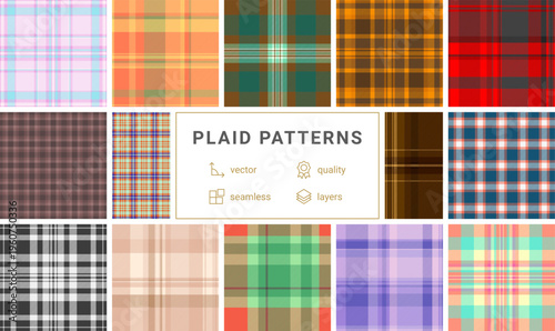 Festive plaid pattern pack tailored for New Year packaging. Coordinated tartan designs elevate boxes, tags, and gift items. Seamless vector repetition aligns perfectly.