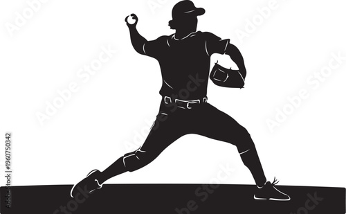 Baseball player, pitcher silhouette, black sports icon, athletic pose vector