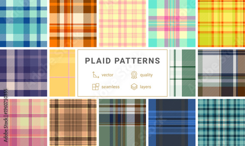 Fall plaid pattern set built for digital products. Suitable for downloads, mockups, and printable assets. Vector adaptability ensures compatibility.