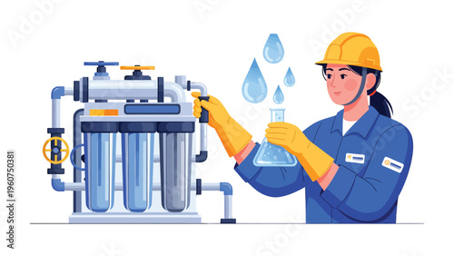 Water Filtration Process: An expert engineer performs crucial water quality analysis, conducting experiments and monitoring the industrial filtration process to ensure optimal performance.