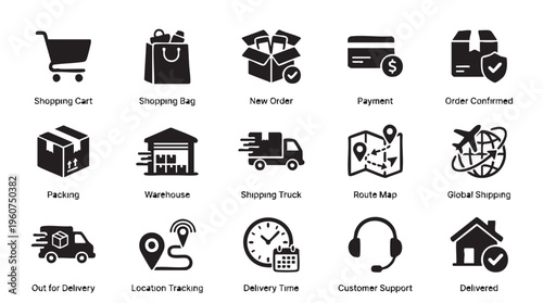 Black and white icons depicting various stages of the delivery process