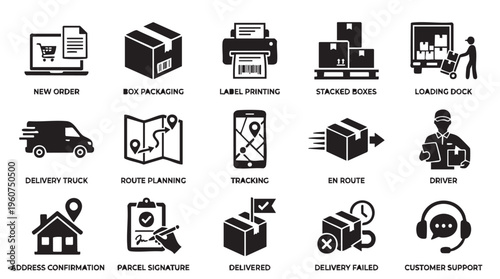 Black and white logistics icons set including delivery truck and customer support