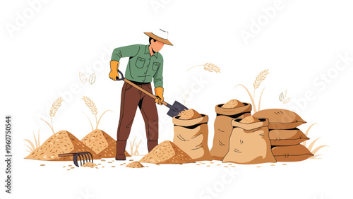 Harvesting Grain: A farmer expertly fills burlap sacks with freshly harvested grain, showcasing the age-old practice of agriculture and the rewards of hard work.