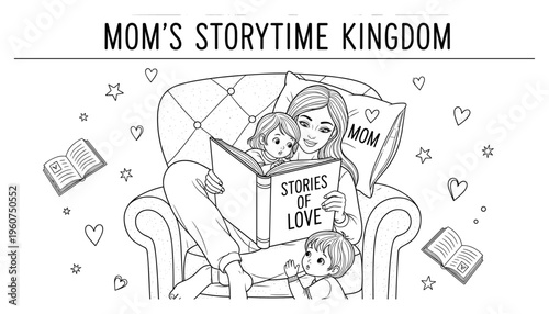 Mother Reading Storytime Book to Children Vector Illustration – Mom's Storytime Kingdom Coloring Page for Mother's Day