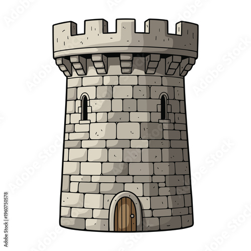 A cartoon illustration of a stone castle tower, featuring a wooden door and two arched windows