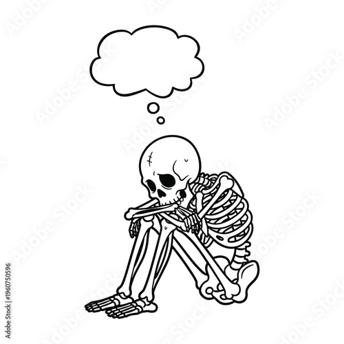 A melancholic skeleton sits in a pensive pose, with an empty thought bubble above its head, suggesting deep contemplation or a lack of ideas