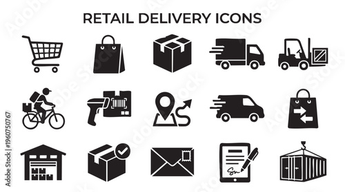 Collection of retail delivery icons in black and white for logistics and transportation themes