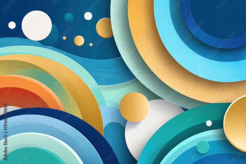 Fototapeta premium Abstract blue waves and colorful circles create a vibrant, dynamic background for digital design projects.