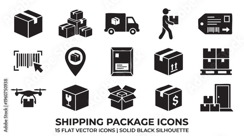 Collection of 15 flat vector shipping package icons in solid black silhouette