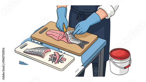 Fish Filleting: Illustration of a chef meticulously filleting a fresh fish on a wooden cutting board, showcasing the art of preparation for a delectable culinary experience.